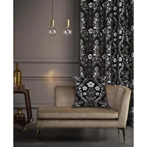 Luna Metallic Chenille Lined Eyelet Curtains - Floral Design Black & Silver Curtains for Bedroom or Living Room - 229 x 229cm