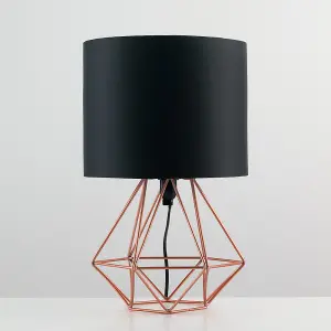 ValueLights Angus Modern Copper Metal Basket Cage Bed Side Table Lamp with Black Fabric Shade