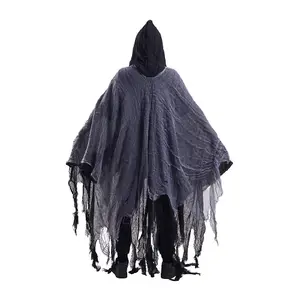 Halloween Black Linen Phantom Costume Skeleton Cloak