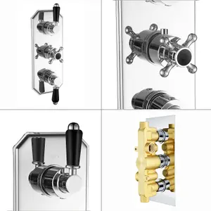 ENKI Regent Chrome Black Crosshead 2-Outlet Solid Brass Thermostatic Triple Shower Valve TSV033