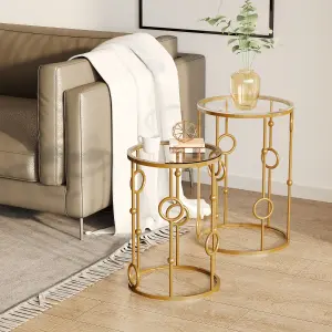 HOMCOM Set of 2 Gold Nesting Coffee Table, Side Tables W/ Tempered Glass Top