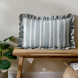 furn. Carmon Stripe Ruffle Linen/Blue Feather Filled Cushion, 40 x 60cm