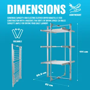 3 Tier Electric Deluxe Heated Clothes Airer 24 Rails Clothes Heating Drying Rack 111cm 220w