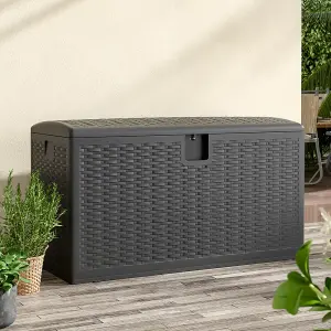 375L Rattan Garden Storage Box Outdoor HDPE Deck Box in Black