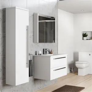 Bathroom Wall Mounted Tall Boy Unit 1400mm High x 355mm Wide - White  - Brassware Not Included