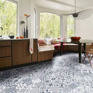 Grey Blue White Designer Vinyl Flooring For LivingRoom, Kitchen, 2.7mm Cushion Backed Vinyl Sheet-1m(3'3") X 2m(6'6")-2m²