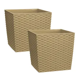 simpa 2PC Beige 15L Cubie Rattan Plastic Planters - 25cm (H) x 25cm (W) x 25cm (D)