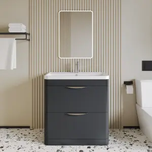 Floor Standing 2 Drawer Vanity Unit with Ceramic Basin - 800mm - Soft Black