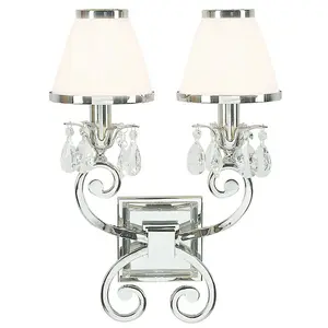 Esher Luxury Twin Curved Arm Traditional Wall Light Nickel Crystal White Shade