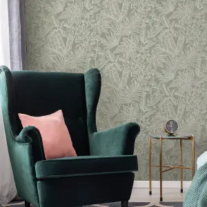 Boutique Green Metallic effect Leaf Textured Wallpaper