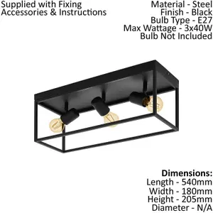 Flush ceiling Light Colour Black Open Metal Frame Box & Holders Bulb E27 3x40W