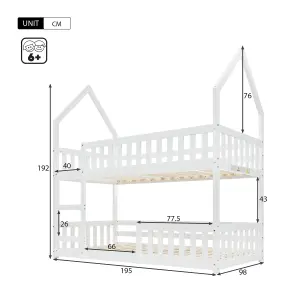 Bunk Bed, Twin Sleeper Bed with Ladder, Solid Wood Frame 3FT Single bed,  90 x 190 cm Wooden Bed Frame for Kids Children (White)