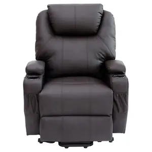 Rise Recliner Chair With Single Motor, Heat And Massage, Remote Control, Pocket Storage And Cup Holders In Brown Bonded Leather