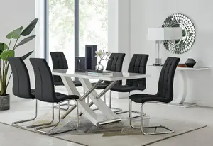 Furniturebox UK 6 Seater Dining Set - Mayfair High Gloss White Chrome Dining Table and Chairs - 6 Black Faux Leather Murano Chairs