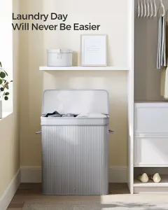 SONGMICS Laundry Hamper with Lid, Bamboo Laundry Basket, Removable Machine Washable Hamper Basket, Grey