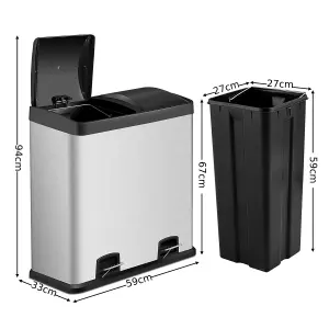 Costway 60L Double Recycle Pedal Bin Stainless Steel Dual Step Trash Can Garbage Bin