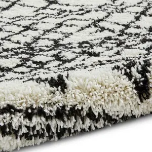 White Black Modern Geometric Shaggy Moroccan Easy To Clean Dining Room Rug-160cm X 220cm