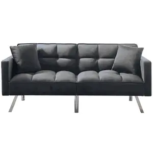 Sofa Bed 2 Seater Grey Velvet Click Clack Sofa Settee Recliner Couch with Metal Legs with 2 Pillows