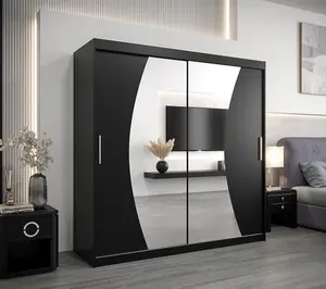 Wave Contemporary 2 Mirrored Sliding Door Wardrobe 9 Shelves 2 Rails Black Matt (H)2000mm (W)2000mm (D)620mm