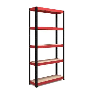 RB BOSS Garage Shelving Unit 5 Shelf MDF Red & Black Powder Coated Steel (H)1800mm (W)900mm (D)300mm