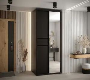  Cannes XI Sliding Door Wardrobe W100cm - Sleek Black Mirrored Storage Solution for Compact Spaces