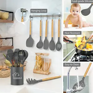 Kitchen Utensil Set Silicone Cooking Utensils Heat Resistant Nonstick Kitchen Tools With Hooks, Silicone Kitchen Gadgets With Wooden Handle, Turner Tongs Spatula Spoon Cooking Tools Grey