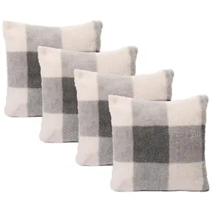 4 Pack Gingham Check Teddy Fleece Soft Cushion Covers, Grey - 45 x 45cm