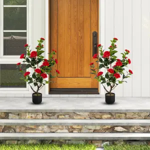 Costway Artificial Camellia Tree Faux Flower Plant Pot Artificial Tree W/ 24 Red Flowers