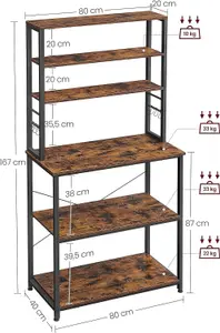 VASAGLE Tall Baker's Rack, Kitchen Storage Unit with Shelves, 6 Hooks & Metal Frame, Microwave Stand, Rustic Brown & Black