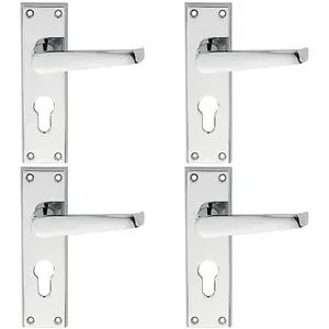 4 PACK - Straight Victorian Latch & EURO Lock Door Handle Polished Chrome Lever Backplate