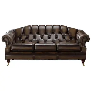 Chesterfield 3 Seater Antique Brown Leather Sofa Settee In Victoria Style