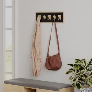 Decortie Modern Icon Oak Wall-Mounted Hanger with Black Metal 5 Hook for Coats, Round Square Shape 54.20(W)x2(D)x16(H)cm