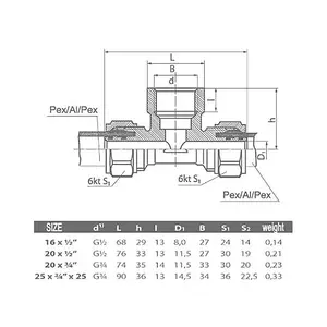 Invena PEX-AL-PEX 16mm x 1/2" Female BSP x 16mm Compression Fittings Tee Connector