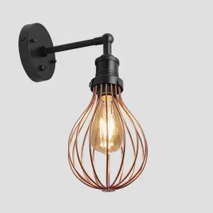 Industville Brooklyn Balloon Cage Wall Light, 6 Inch, Copper, Black Holder