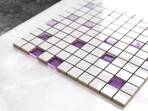 Ceramic mosaic with glass inserts on mesh for bathroom or kitchen 300mm x 300mm - White-violet