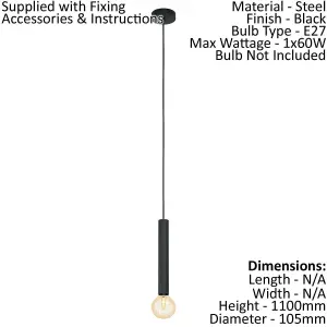 Pendant 1 Bulb Ceiling Light Colour Black Long Shade Holder Bulb E27 1x60W