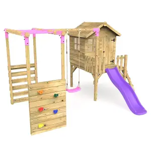 Rebo Orchard 4ft Wooden Children's Playhouse, Swings, Monkey Bars, Deck & 6ft Slide - Single Swing - Solar Purple