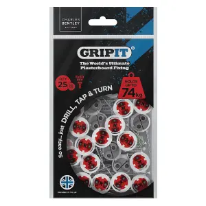 Gripit 18mm Plasterboard Fixing - 25 Pack (Red)  Stud Wall Anchor Max Load 74kg