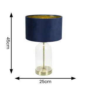 ValueLights Jessy Glass with Gold Trim Table Lamp with Navy Blue Velvet with Gold Inner Lamp Shade