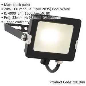 Outdoor IP65 Waterproof Floodlight - 20W Cool White LED - Matt Black Aluminium