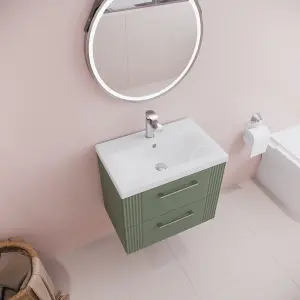 Retro 2 Drawer Wall Hung Vanity Unit with Mid-Edge 1 Tap Hole Ceramic Basin - 600mm - Satin Green - Balterley