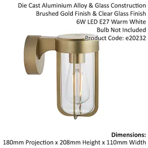 Brushed Gold Outdoor Wall Light with Clear Glass Shade - IP44 Rated - LED Bulb