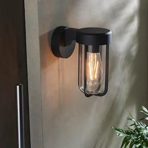 Matt Black Outdoor Wall Light with Clear Glass Shade - IP44 Rated - LED Bulb