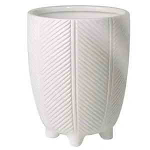 Tall Ceramic Planter Plant Pot With Feet White Stripe 15 x 15 x 19cm