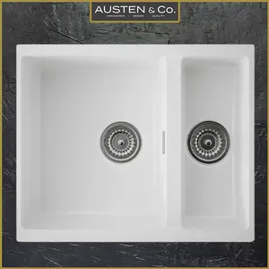 Austen & Co. Florence Inset & Undermount 1.5 Bowl Reversible Granite Kitchen Sink With Strainer & Over Flow Kit - White