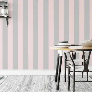 Pale Pink Metallic Silver Bold Lance Stripe Feature Stripes Wallpaper WD0080