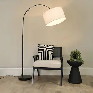 ValueLights Louis Black Arched Curved Floor Lamp with White Fabric Drum Lamp Shade and LED Bulb