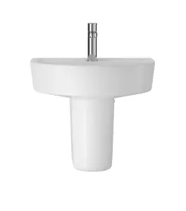 Mila Round 1 Tap Hole Ceramic Basin & Semi Pedestal, 420mm - Balterley