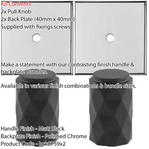 2 PACK - Cabinet Door Knob & Contrasting Backplate Set - Diamond Kitchen Pull - Matt Black & Chrome