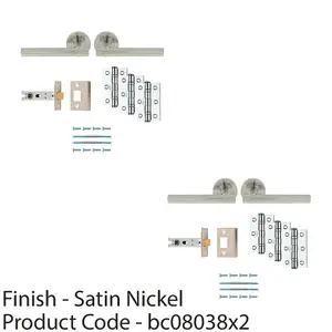 2 PACK - Premium Door Handle & Latch Pack Set- Satin Nickel Straight Bar Lever Round Rose